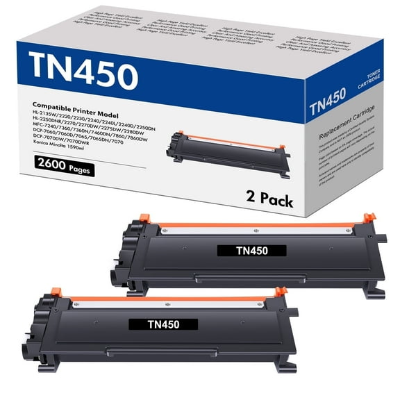 TN450 TN-450 Toner Cartridge Compatible for Brother TN-450 TN450 TN420 HL-2135W 2240L 2240D 2250DNR 2275DW 2280DW MFC-7360 MFC-7860DW DCP-7060D 7065DN 7070 7070DW 7070DWR 1590mf Printer Black 2-Pack