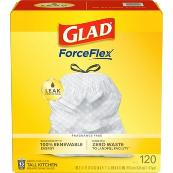 Glad ForceFlex Tall Kitchen T Bags, 13 Gallon, 120 Bags (Unscented)