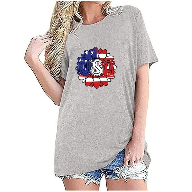 Tops Cortos para Mujeres Bandera de Moda Impresa Cuello Redondo, Camiseta de Manga 3/4 para Uso Diario, Casero Y Cómodo