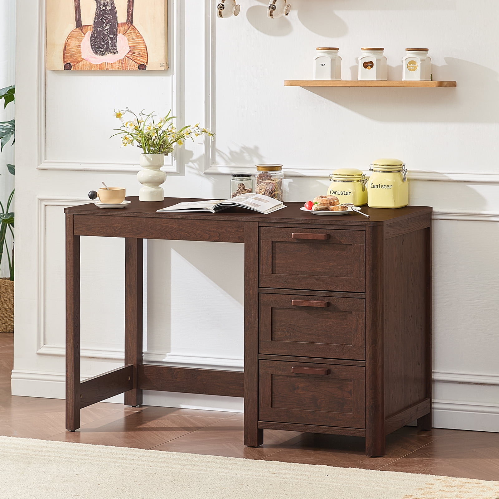 Joaxswe 48" Computer Desk with 3 Drawers, Wood Home Office Desk, Farmhouse PC Desk for Study, Bedroom, Walnut