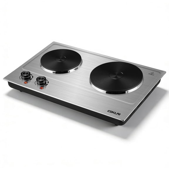 Coklai 1800W Portable Double Burner Hot Plate, Stainless Steel Countertop Electric Cooktop with Dual Cast Iron Heating Plates, Easy to Clean, 24-month warranty