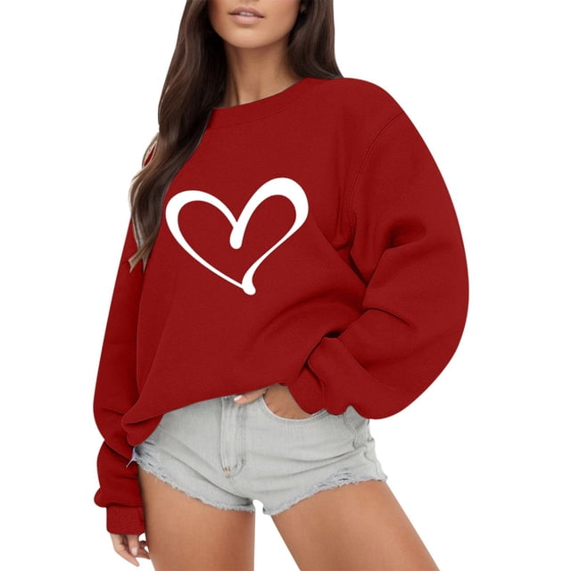 WEAIXIMIUNG Chandails en Molleton pour Femmes Fermeture Éclair Mode Extérieure Imprimé Saint-Valentin Ample Col Rond Manches Longues Chandail à Capuchon 1