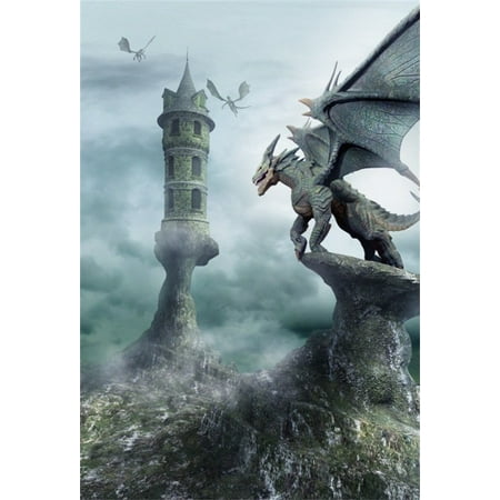 Image of GreenDecor 5x7ft Tower Guarded by Dragons Backdrop Fantastic Photography Background Boy Kid Artistic Portrait Imaginary Scene Photo Shoot Studio Props Video Drop Drape