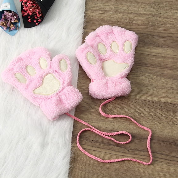MORESEC Cute Cat Paw Design Thermal Gloves for Cycling and Outdoor Sports, Soft Lined Windproof Half-Finger Gloves with Ropes, Warm Winter Claw Gloves