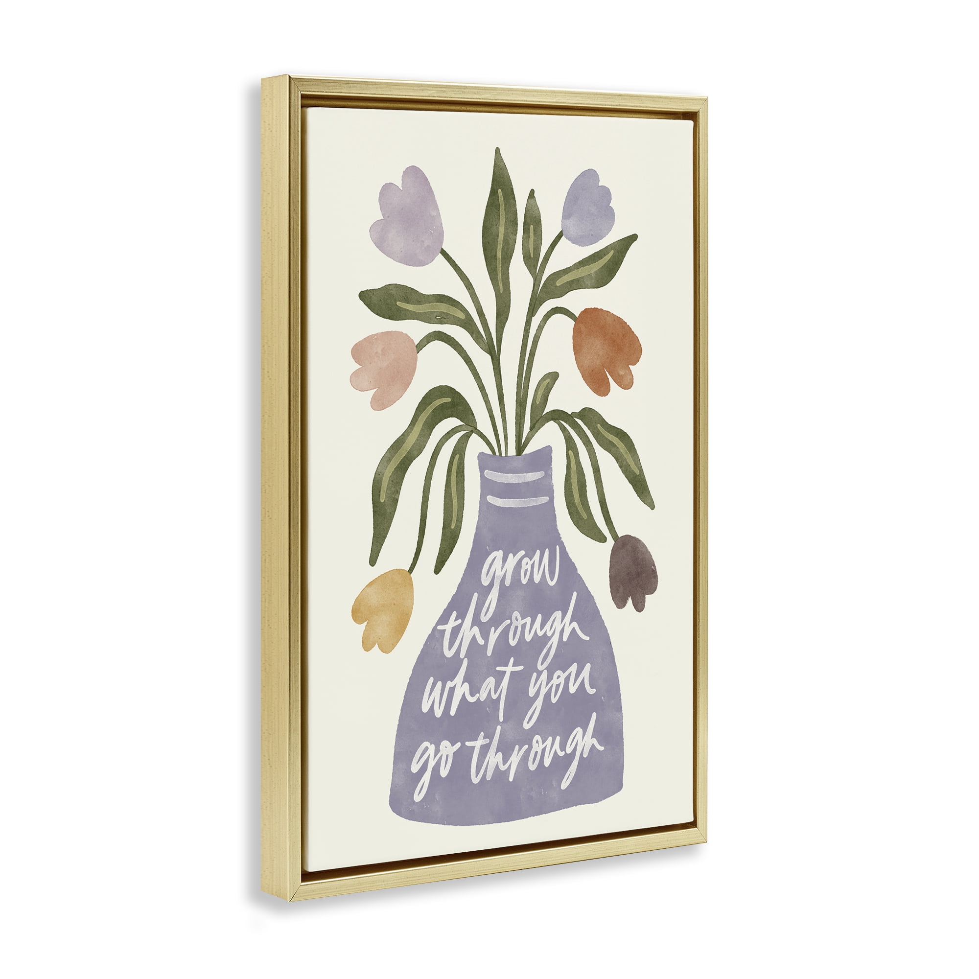 Stupell Industries What You Go Through Flowers Plants & Flowers Painting Gold Floater Framed Canvas Art Print Wall Art, 17 x 25
