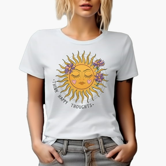 Distressed Think Happy Thoughts Quote - Boho Sun Art Merch Gift, White T-Shirt, Small