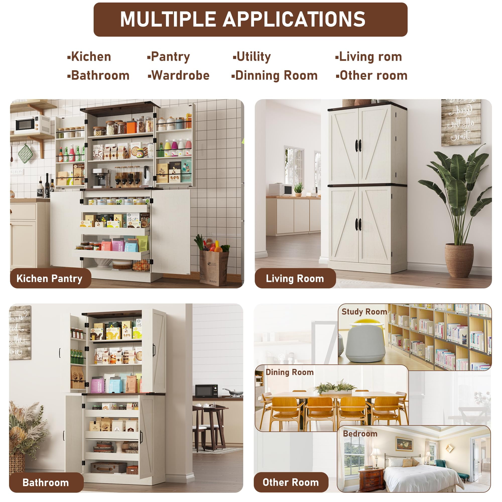ChVans Farmhouse 71" Tall Kitchen Pantry with 6 Hanging Shelves, 4 Barn Doors Pantry Storage Cabinet with 3 Drawers & Load-Bearing Steel Pipe for Kitchen, Dining Room, Living Room, Rustic White