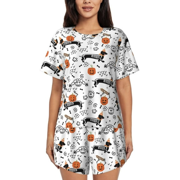 Logiee Halloween Dachshund Print Womens Pajamas Set,Short-Sleeve Pajama 2 Piece Sleepwear with Pockets-Small