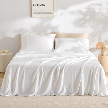 King Size Bed Sheets 4 Piece Set, 100% Rayon Derived from Bamboo, Cooling for Hot Sleepers-Luxury Breathable Soft Sheets, Deep Pocket 16" Fitted Sheet with Elastic Corner Straps, Cream White
