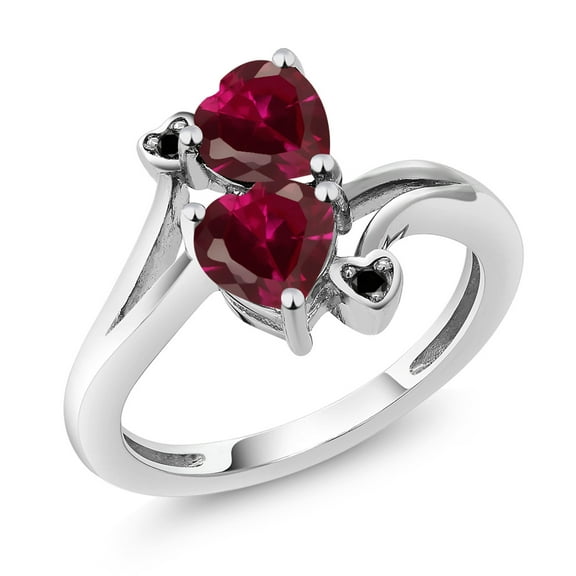 Gem Stone King 10K White Gold Red Created Ruby and Black Diamond Ring for Women (1.96 Cttw, Heart Shape 6MM, Gemstone Birthstone, Size 6)