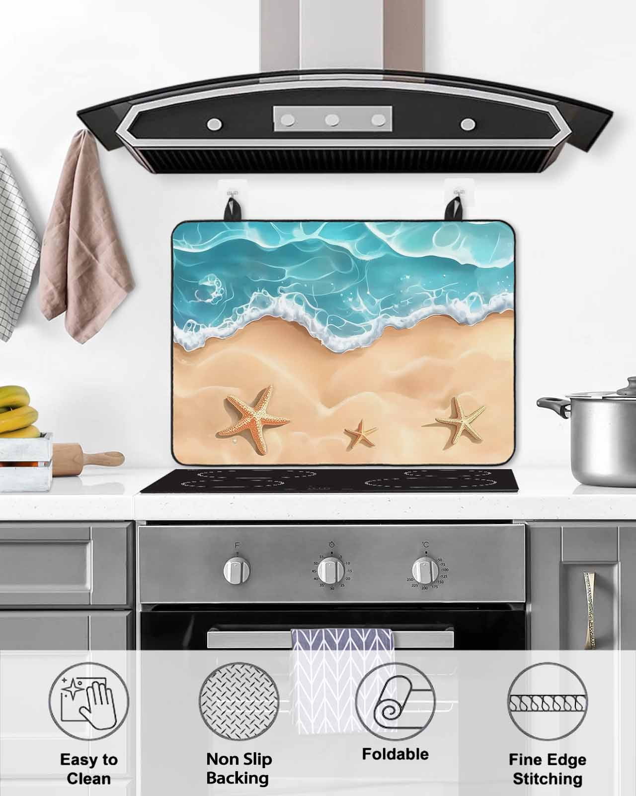 nqOlkjepod Large Induction Cooktop Protector Mat 24"x21", Ocean Beach Stove Top Covers for Electric Stove, Starfish Sea Waves Coastal Seaside Sand Stove Burner Cover Mats, Glass Top Stove Cover