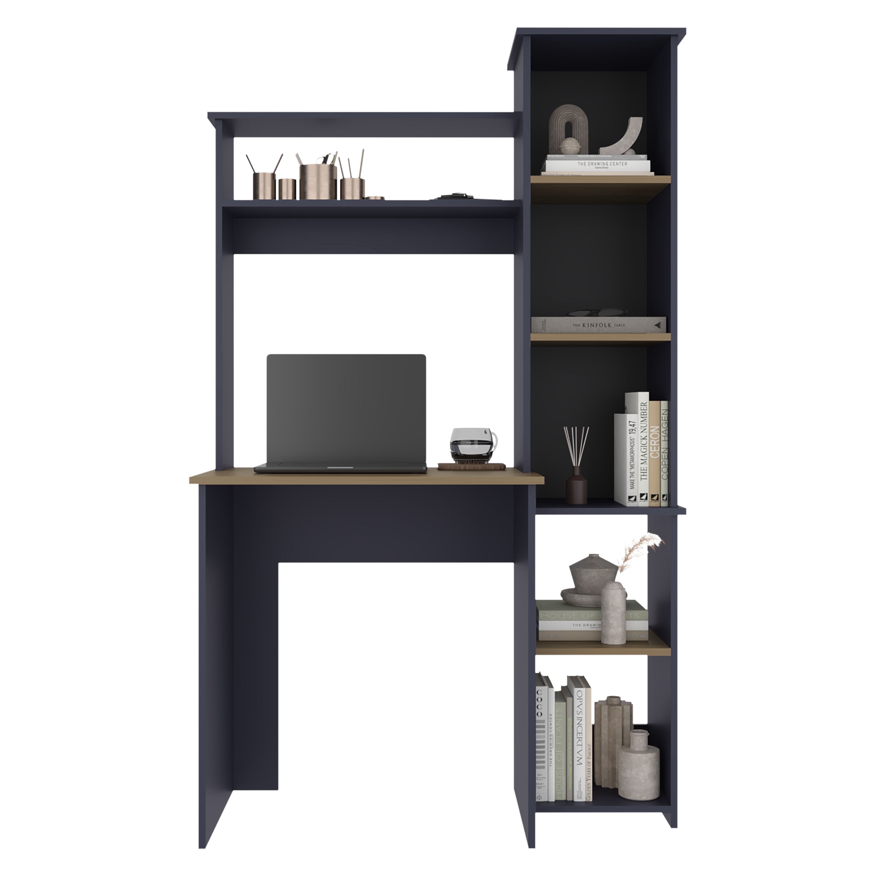 Versalles Writing Desk, Modern Studio or Office Desk, Two Superior Shelves, And Five Side Open Shleves For Books Organization, Navy Blue