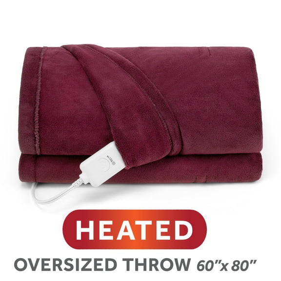Sunbeam Heated Electric Oversized Microplush Throw Blanket, Merlot, 4 Heat Settings, 60 x 80 in