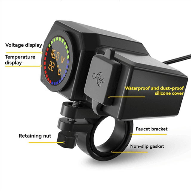 USB Socket Motorcycle Handlebar & Rear Mirror Waterproof Fast Charger Phone Power Adapter Digital Voltmeter Thermometer
