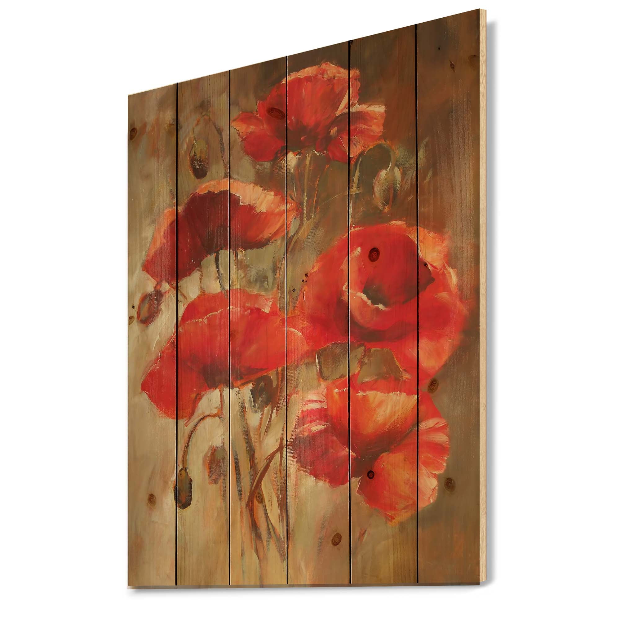 Designart 'Red Blossoming Poppies Over Wild Brown II' Traditional Print on Natural Pine Wood