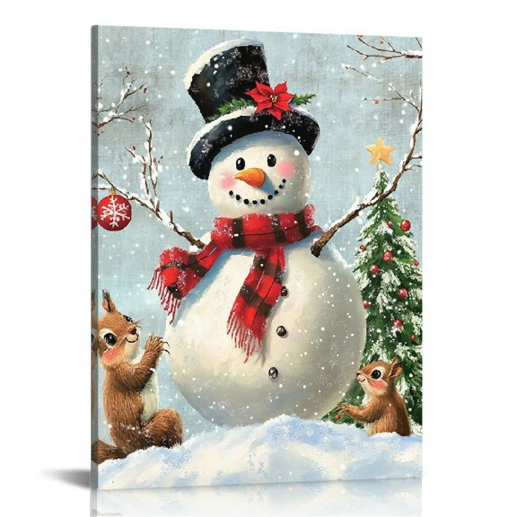 Fenyluxe Snowman Squirrel Christmas Tree Canvas Wall Decor Home Decoration for Bathroom Bedroom Kitchen Office 12x16in