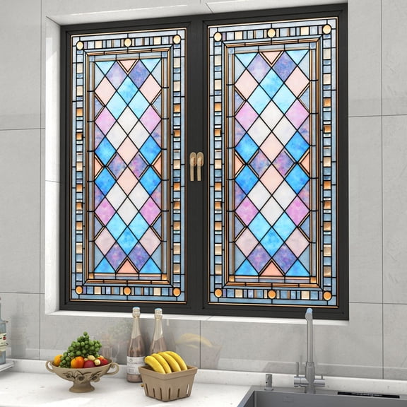 Window Privacy Film Stained Glass Static Clings, Bathroom Decorative Geometric Window Stickers, UV Heat Blocking Removable for Home Door Coverings, 17.7"x39.4"
