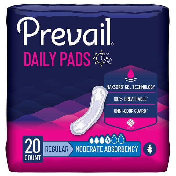 Prevail Daily Pads for Bladder Leaks, Disposable, Moderate Absorbency, Regular, 20 Count, 1 Pack
