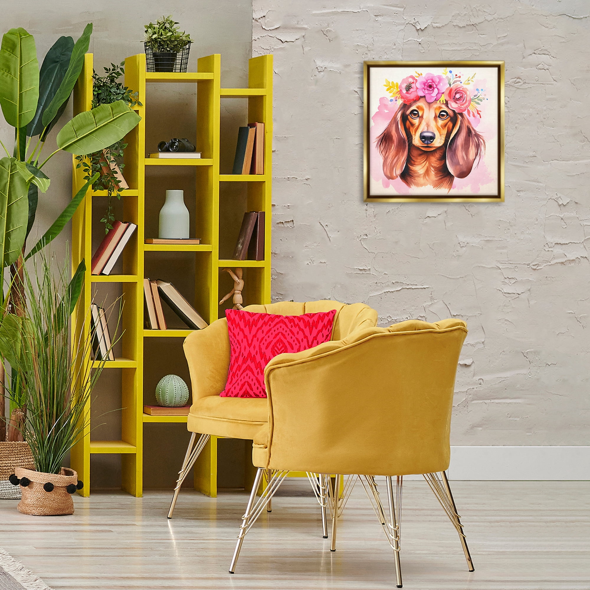 Stupell Industries Boho Wiener Dog Dachshund Animals Painting Gold Floater Framed Canvas Art Print Wall Art, 18 x 18