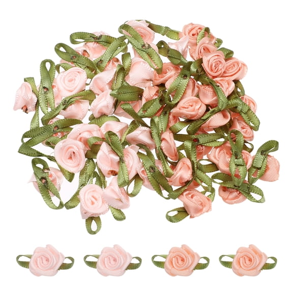 50 Pcs Mini Roses Bow 22mm Small Fabric Satin Ribbon Flower Bows Ribbon Roses for Craft Ornament Applique DIY Envelope Sewing Wedding Birthday Party, Champagne/Pink
