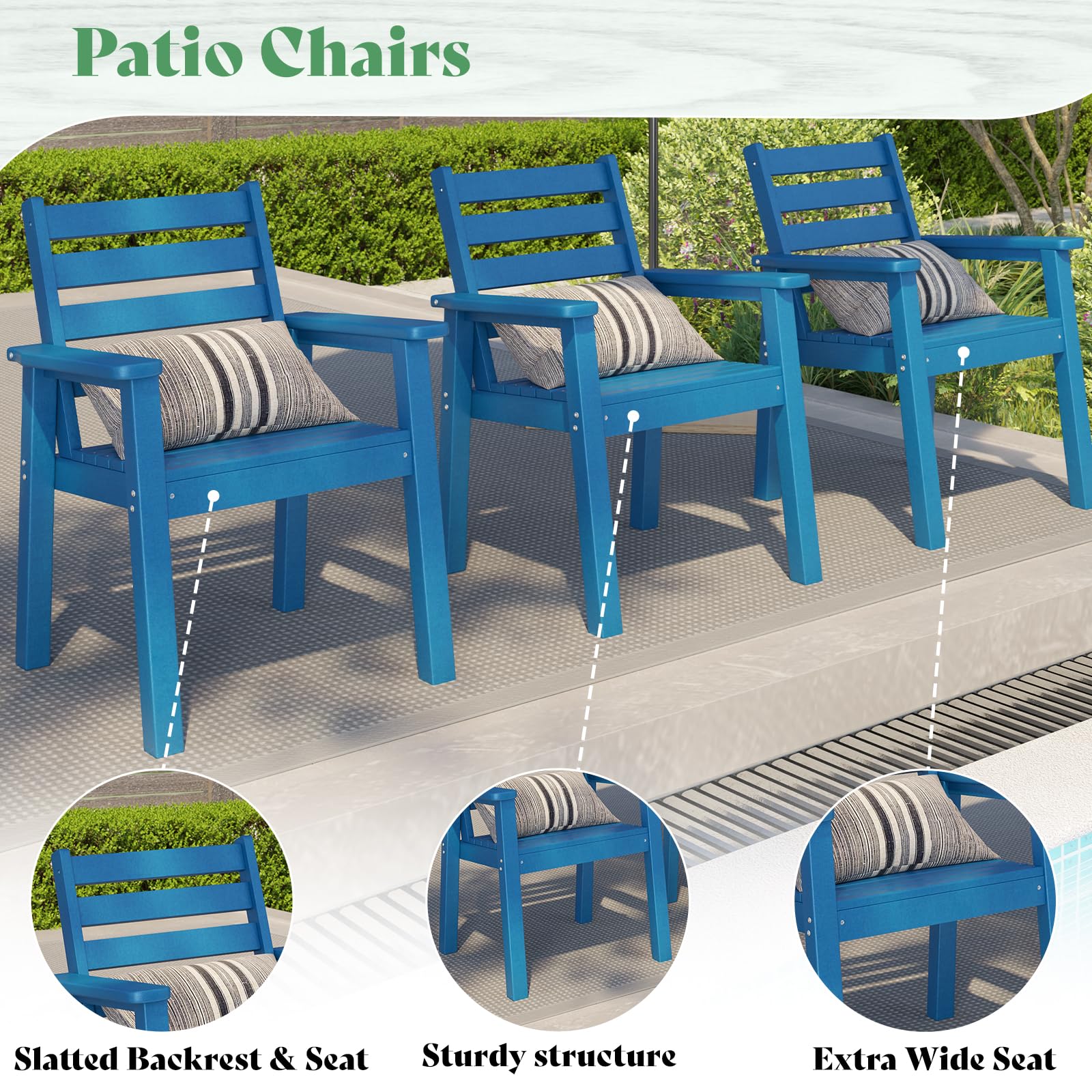 LUXOAK 7 Piece HDPE Outdoor Dining Set, 71" Table with 6 Chairs, Patio Furniture, Blue