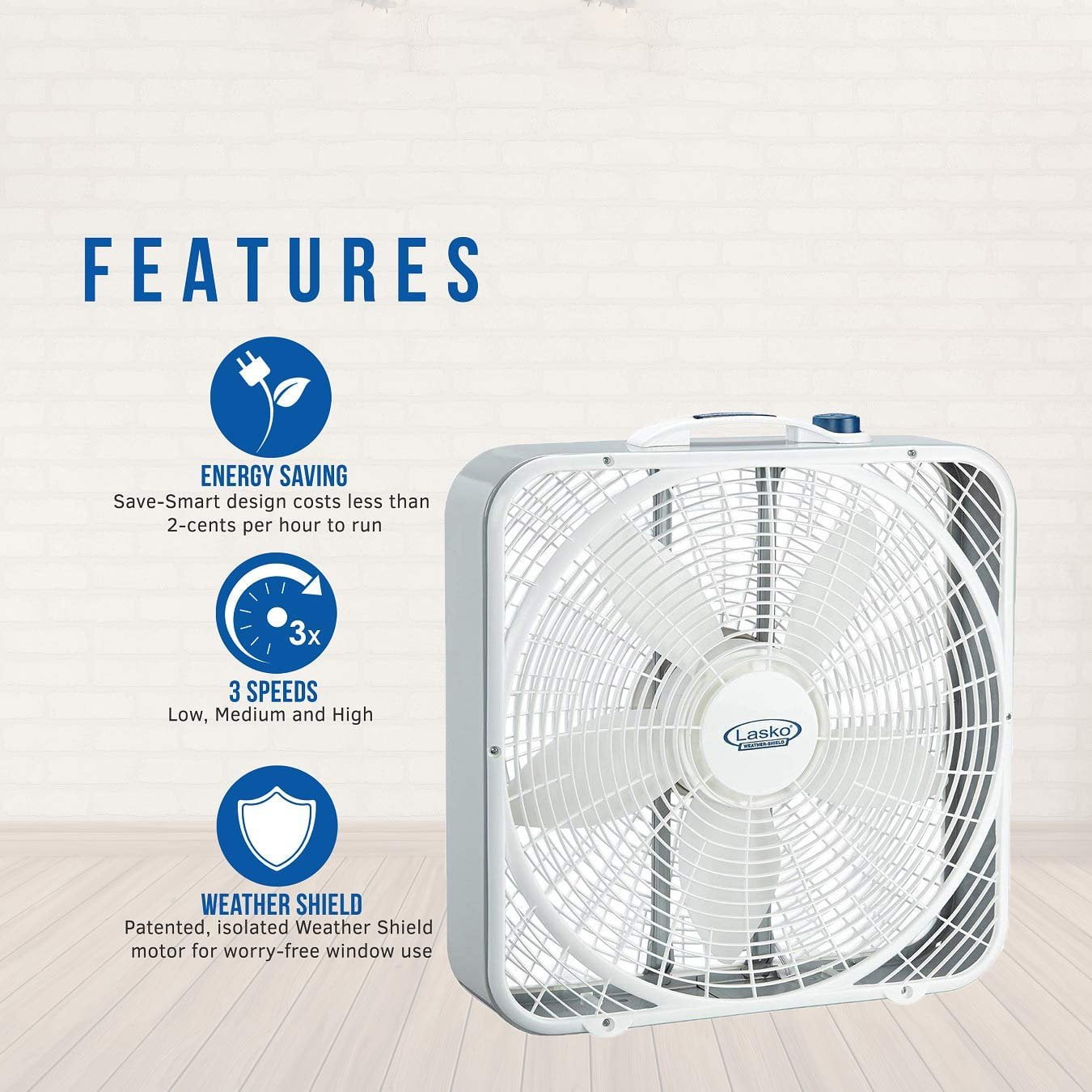 Lasko Weather-Shield Performance Box Fan 3720 - Wind Ring System, 3 Speeds - 20 Inch