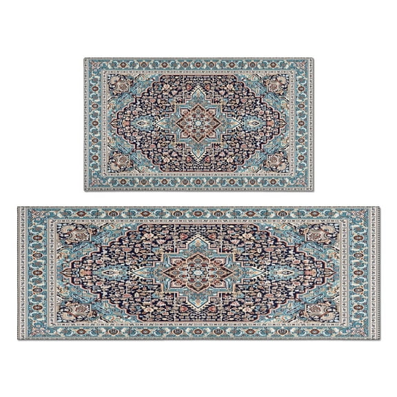 Bohemian Blue Ethnic Rug Kitchen Rugs and Mats Sets Of 2,Kitchen Decoration Rugs,Rubber Backing Non-Slip Floor Mat for Sink Washable Waterproof Laundry Room Runner Rugs
