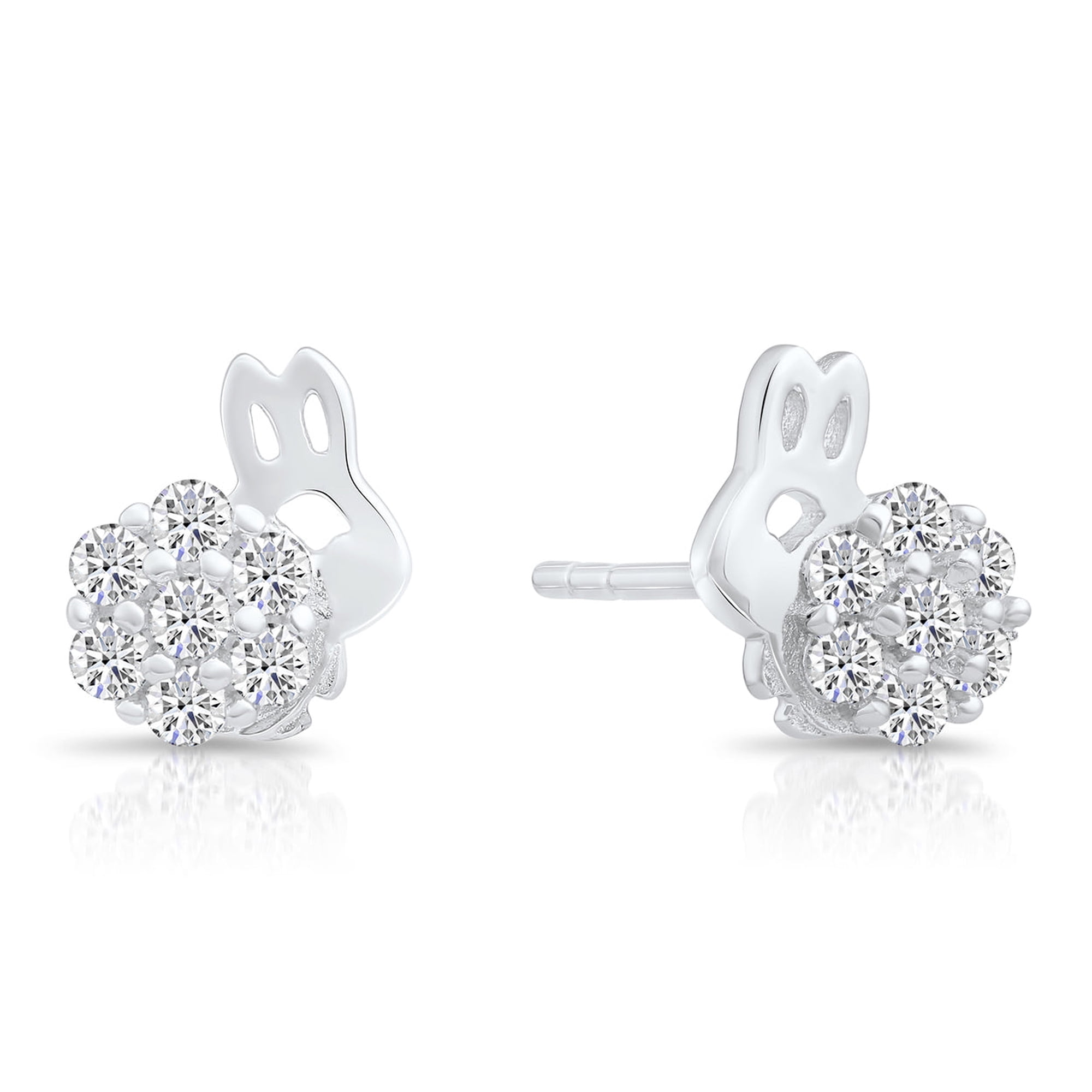 Tilo Jewelry .925 Sterling Silver Bunny Stud Earrings with Cubic Zirconia CZ Stones for Women