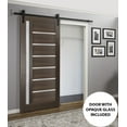 thumbnail image 3 of Sturdy Barn Door Frosted Glass | Quadro 4088 Chocolate Ash | 6.6FT Rail Hangers Heavy Hardware Set | Solid Panel Interior Doors-36" x 84"-Black Rail, 3 of 6