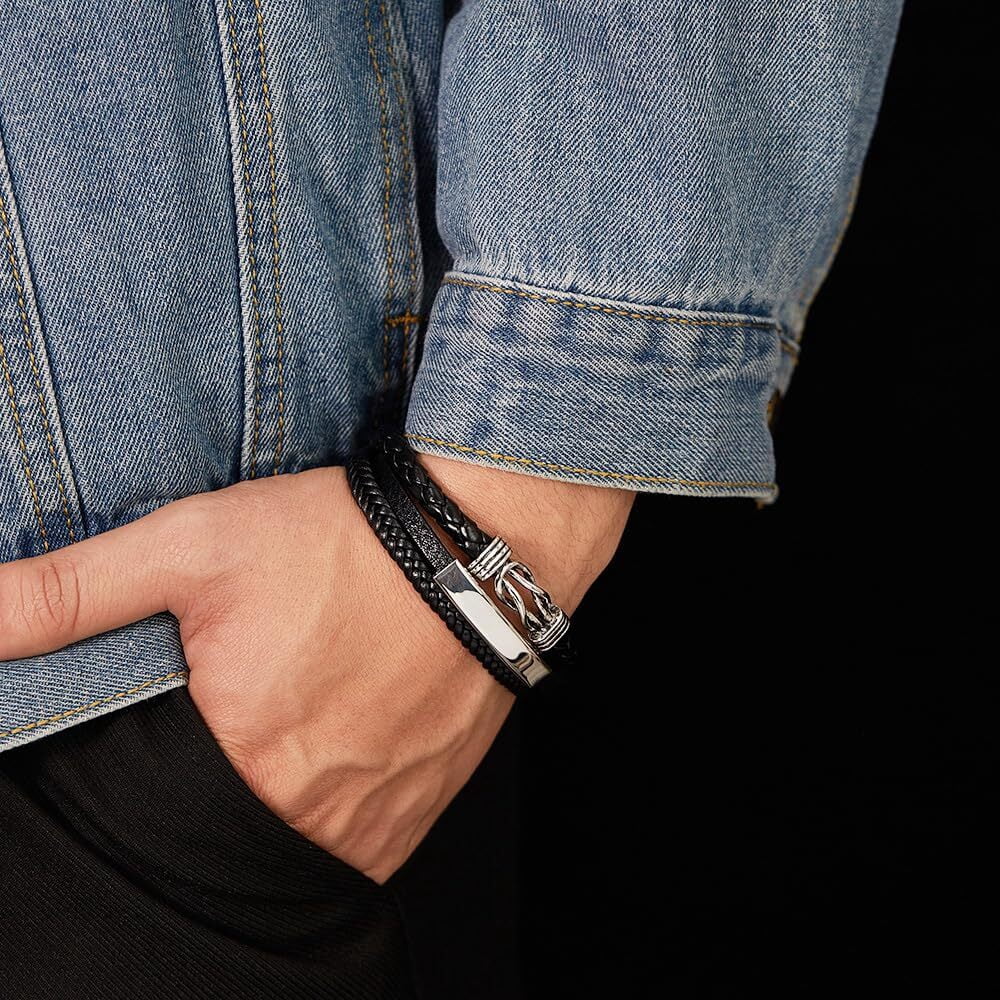 Inpasne Men's Leather Bracelet Braided Wristband Bangle Stainless Steel Bracelet Jewelry Gifts for Men Husband Dad