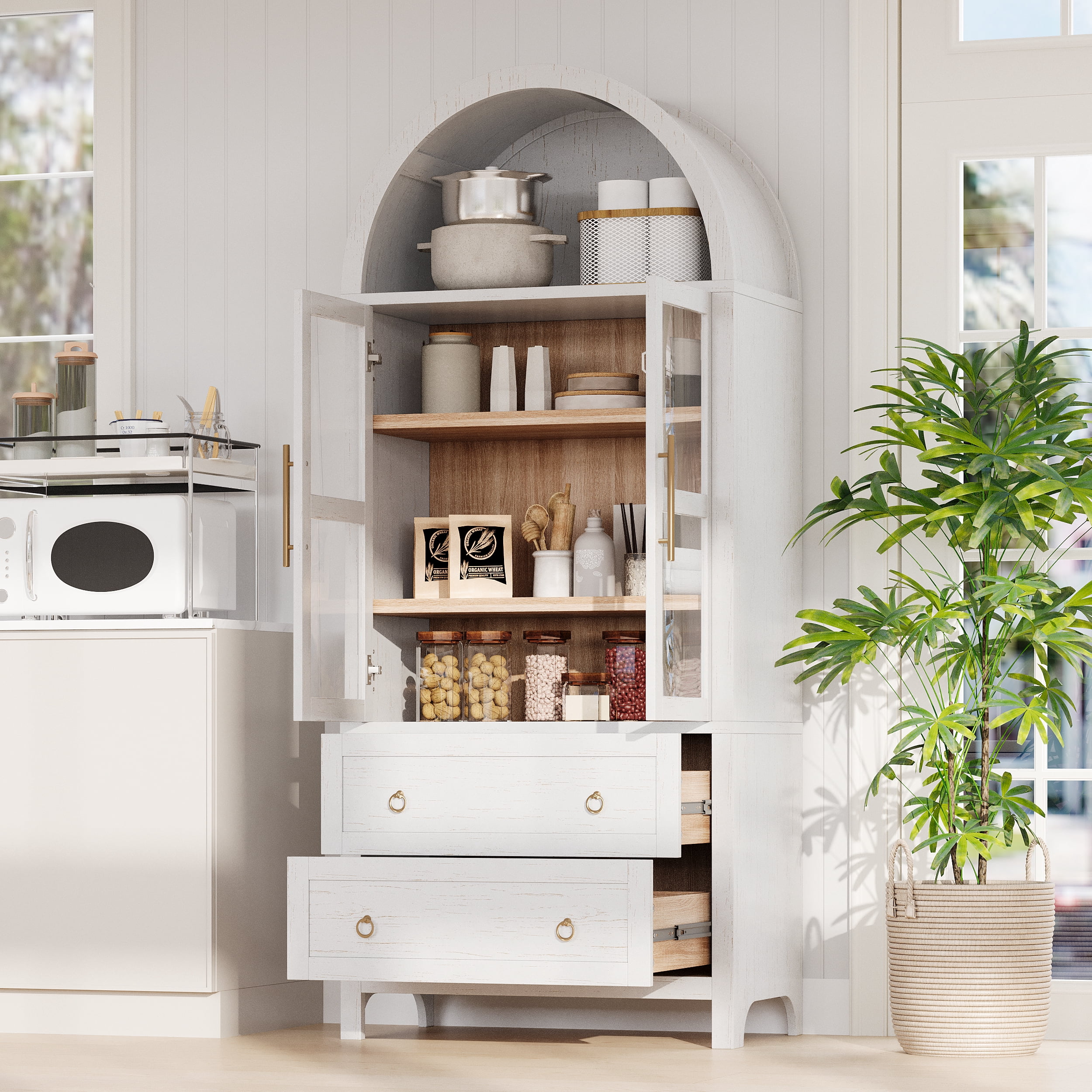 Harper & Bright Designs Arched Kitchen Pantry Cabinet with Glass Door and Shelves, Tall Farmhouse Kitchen Storage Cabinet with 2 Large Drawer and Versatile Cupboard, 71", White