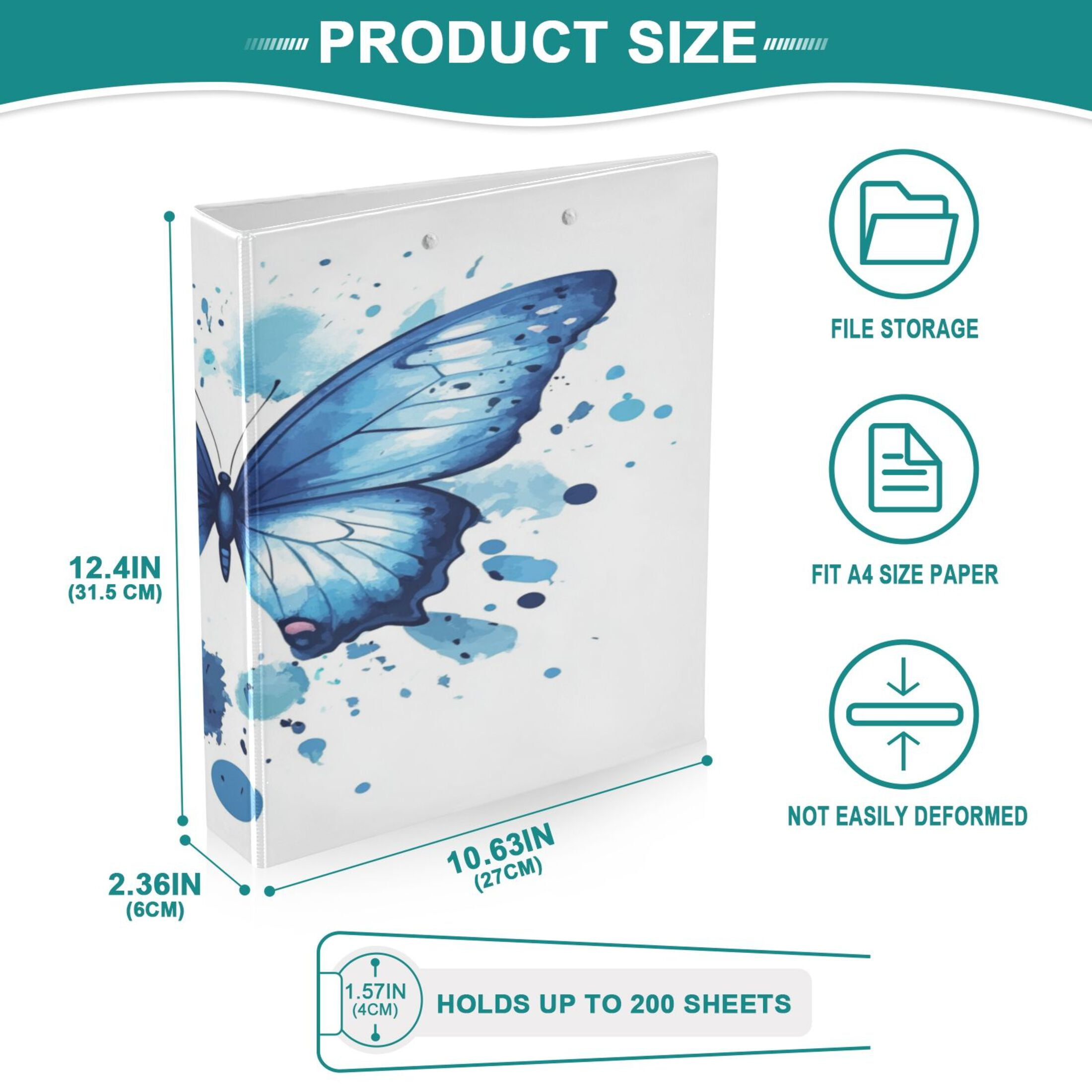 WOBOGO Blue Butterfly File Folders Extra Large Capacity to Hold 200 Sheets of Documents Hard Shell Ring Binder for School Home Office