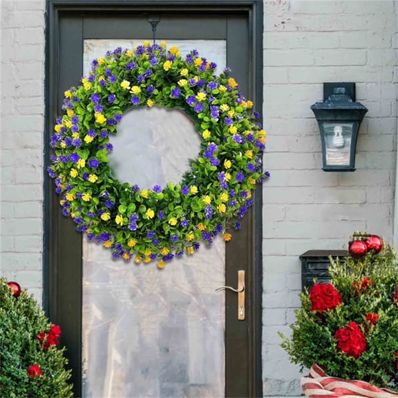 Farmhouse Spring Wreath 13.4 Inch - Colorful Cottage Artificial Wreath for Front Door, All Seasons Home Decor for Wall Window, Festival Party Hanging Ornament