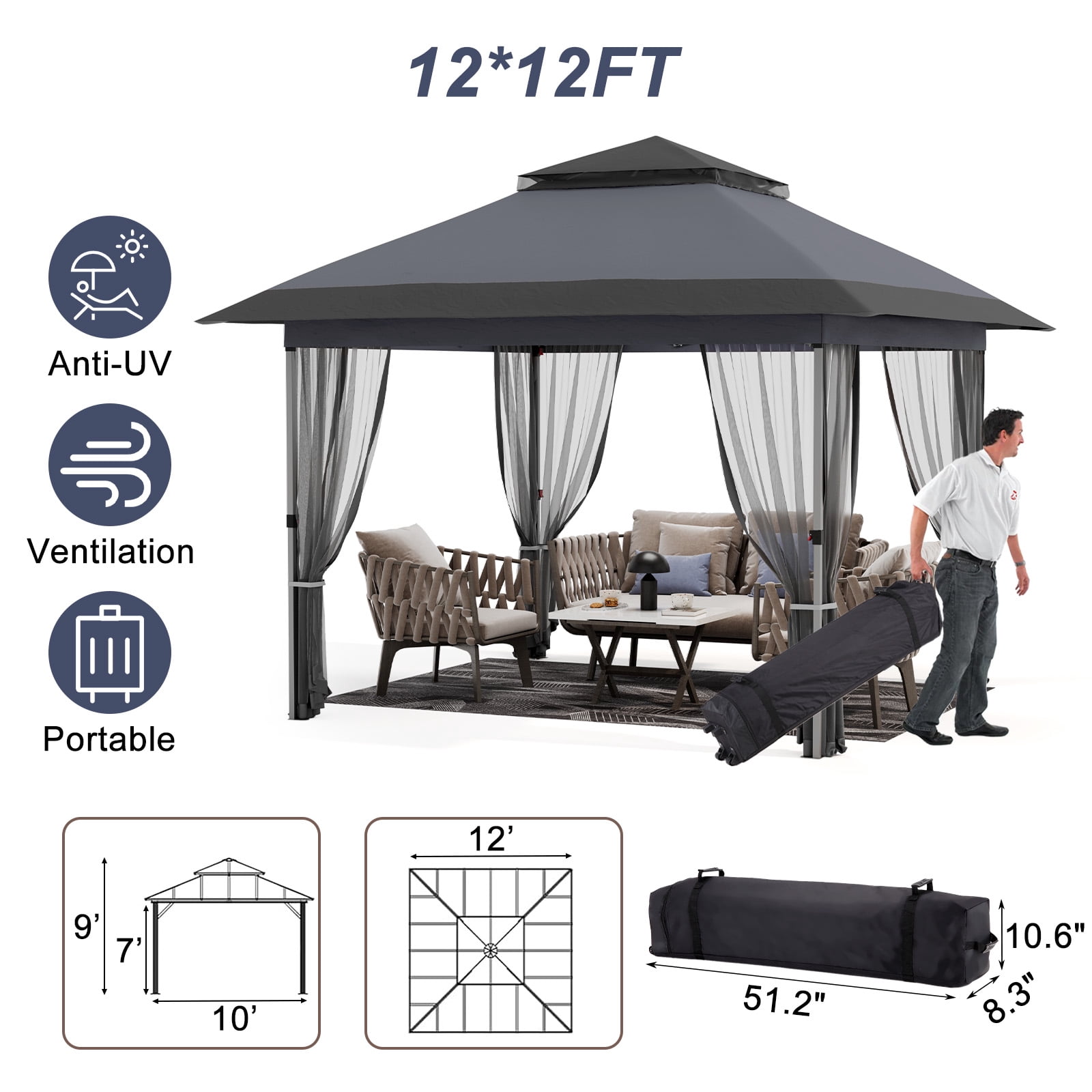 12'x12' Softtop Gazebo, Outdoor Pop Up Gazebo with Mosquito Netting, Party Tent & Shelter with Double Roofs for Gardens, Patios, Lawns