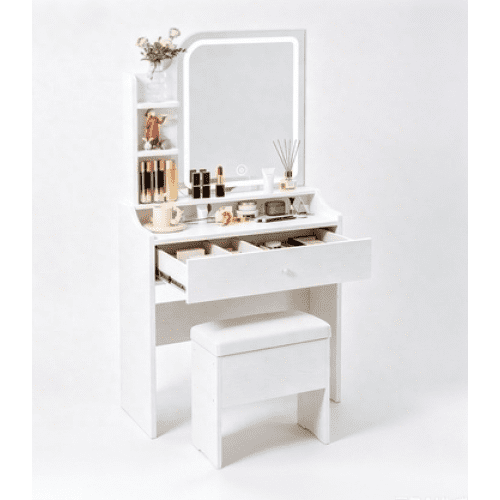Vanity Set with Smart LED Mirror, Makeup Table with 3 Color Lighting, Storage & Charging Station – Compact Dressing Table for Bedroom, Dorm & Small Spaces, White
