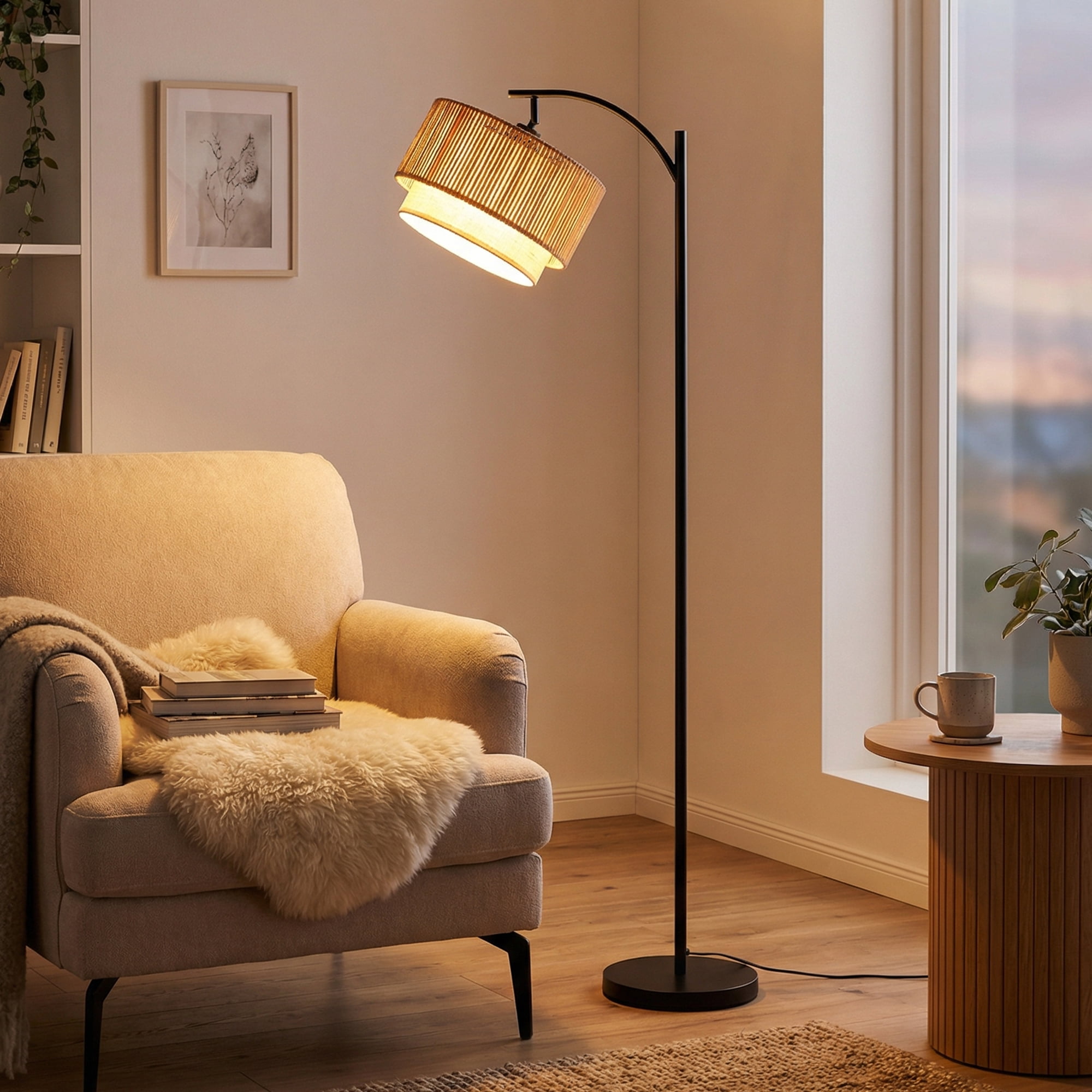 DAYBETTER Floor Lamp for Living Room, Arc Floor Lamps with 3 Color Temperatures, Farmhouse Unique Hanging Douoble Drum Lampshade, for Bedroom, Living Room