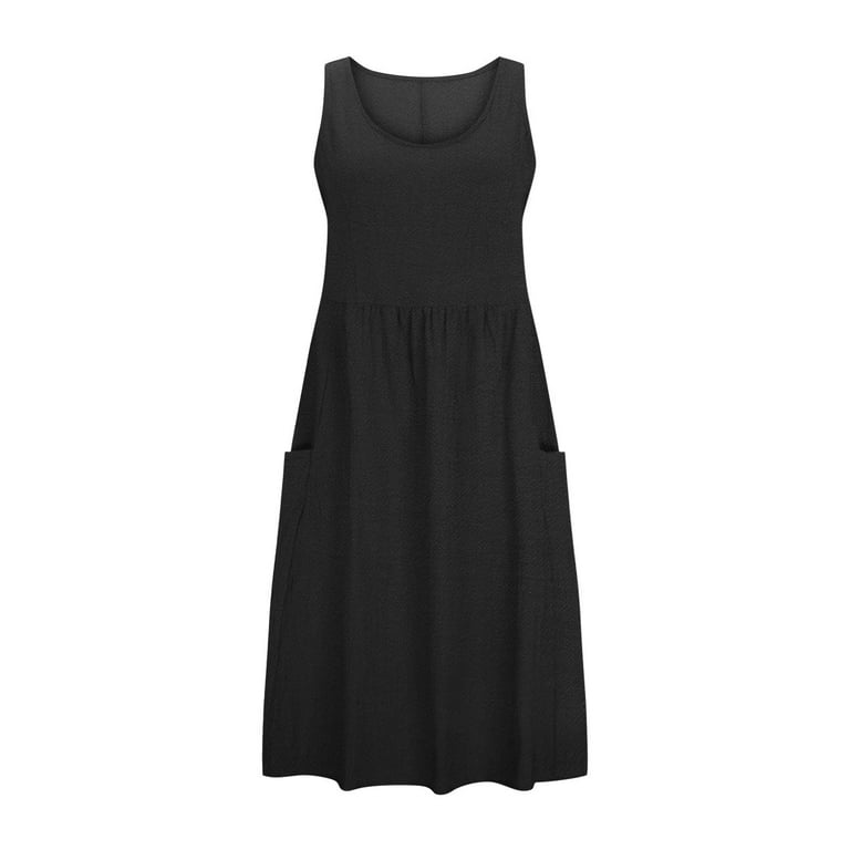 AKOEE Cotton Linen Tank Dress for Women with Pockets Scoop Neck Fashion Plus Size Summer Casual Midi/Long Dress (X-Large, Black), Women's, Size: XL