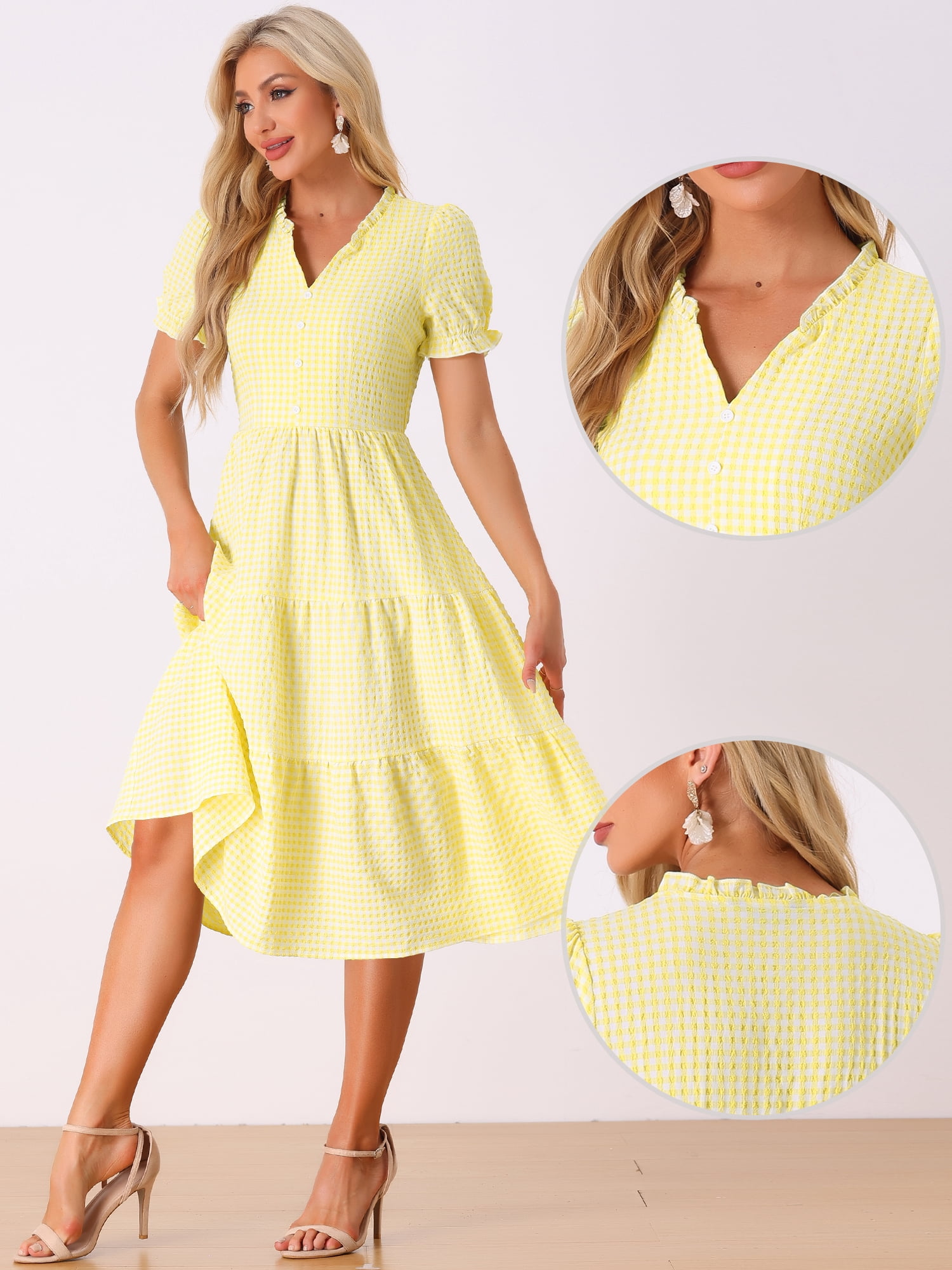 DARING DIVA Women's Gingham Summer Ruffle Trim V Neck Button Decor Dresses XL Yellow
