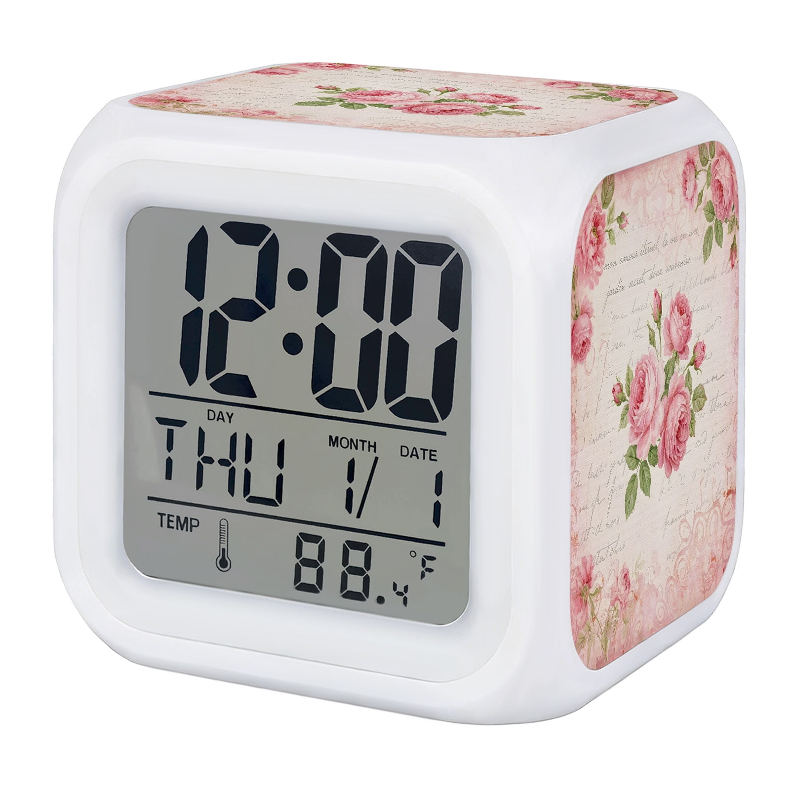 Botanical Roses Digital Alarm Clock for Bedrooms,Smart LED Alarm Clock with 7 Color Changing Night Light,Cottagecore Florals Pink Vintage Farmhouse Silent Wake Up Clocks for Sleep Study 3.2x3.2
