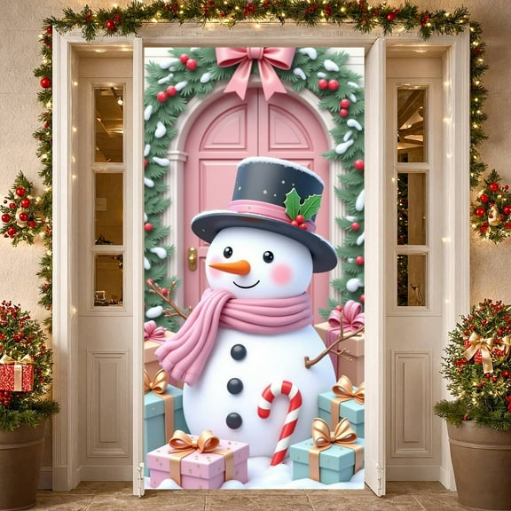 Snowman Design Christmas Banner Pink Scarf Holiday Display Holly Wreath Gift Boxes Snowman Backdrop for Christmas Party Winter Celebration Holiday Decoration