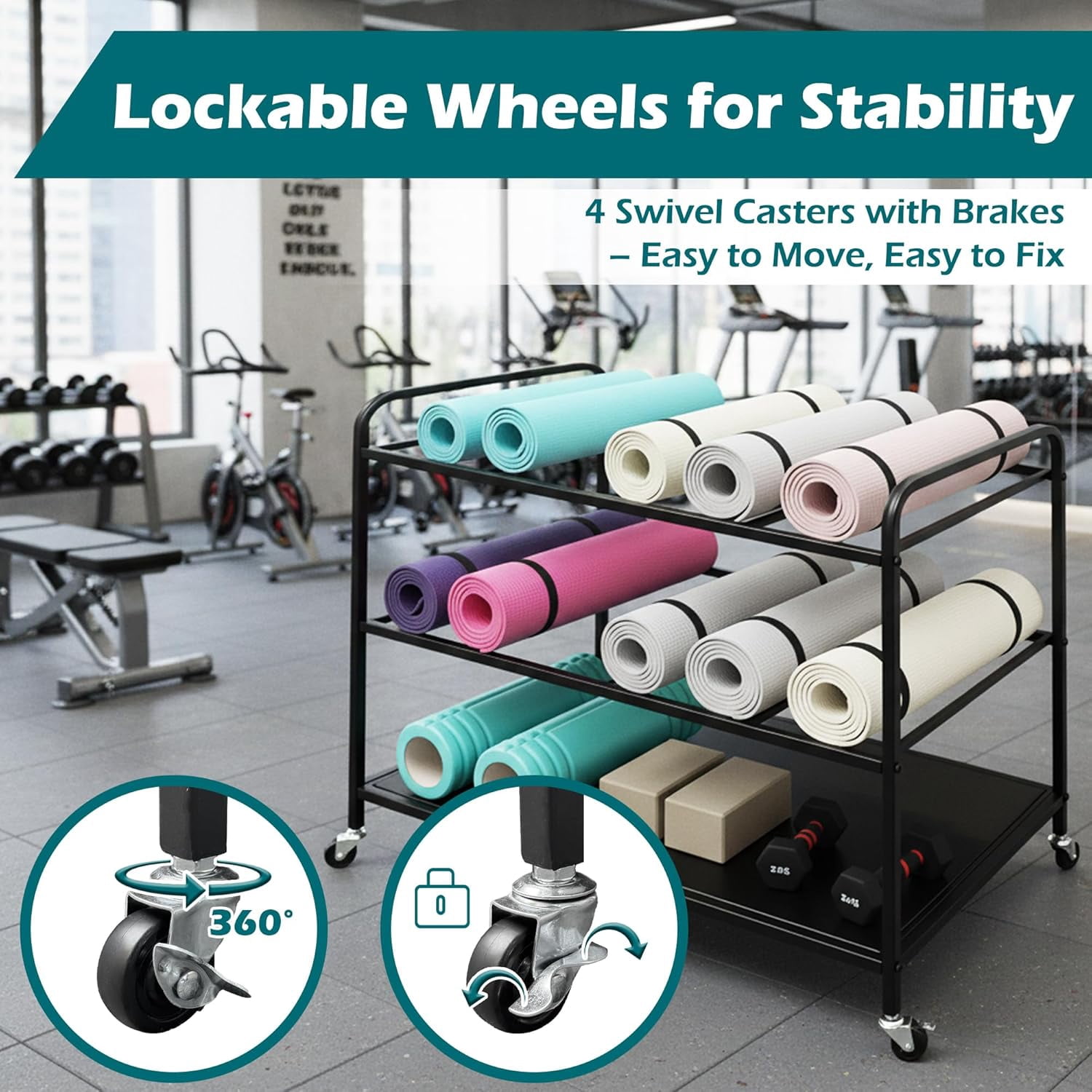 Yoga Mat Rack Storage Basket with Wheels,All-in-One Organizer for Yoga Mat Holder,Home Gym Equipment Storage Cart for Dumbbells, Kettlebells and Foam Rollers
