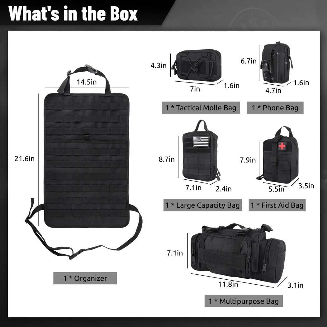 Universal Tactical Car Seat Back Organizer Bag,Molle Seat Back Organizer Panel with 5 Detachable Molle Pouches,Car Panel Organizer for Car Truck Ford Jeep Vehicle