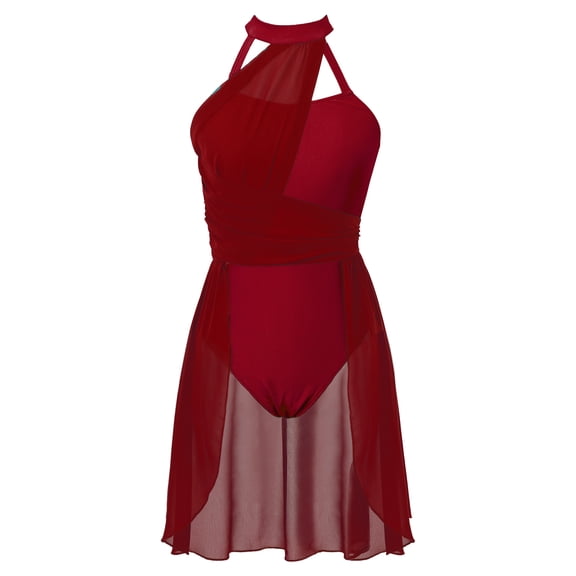 DPOIS Womens Ruched Chiffon Patchwork Dancewear Leotard Dress Burgundy S