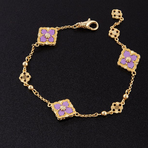 Pulsera de oro de 18 quilates con trébol de cuatro hojas y tres flores, joyería vintage para niñas