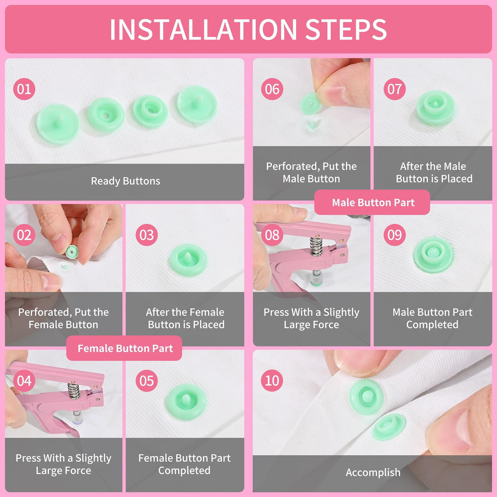 300-Piece Snap Button Kit With Pliers Plastic And Metal Snap Buttons With Snaps Pliers Set 300 Sets Plastic And Metal Snap Buttons For Sewing And Crafting - Pink