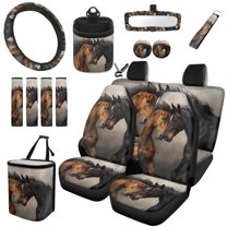 Jeiento Horse Car Seat Cover Full Set with Steering Wheel Cover Seat Belt Strap Cover Trash Can Rear View Mirror Cover Cup Coasters Keychain Air Vent Storage Bag, 15 PCS, Brown Black