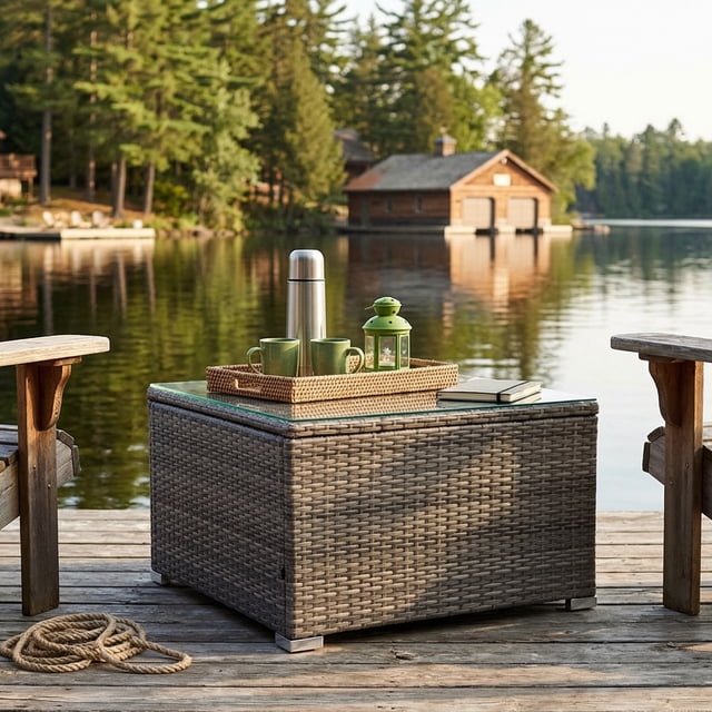 CorLiving Parksville Resin Wicker and Steel Square Outdoor Coffee Table with Tempered Glass Top, Grey