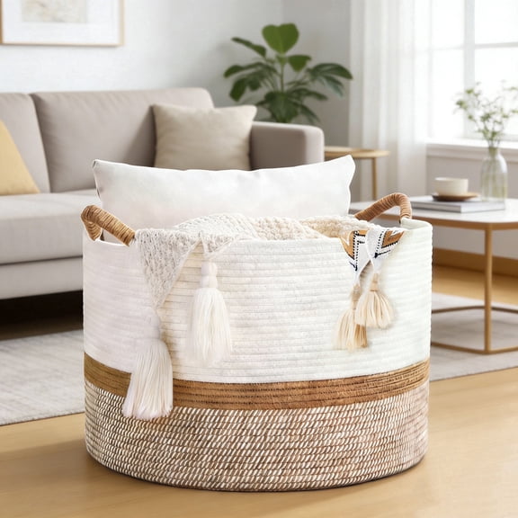 Large Blanket Basket (21“x13”),75L Storage Basket for Organizing, Dog Toy Bin,baby laundry basket,Cotton Rope Blanket Basket for Living Room