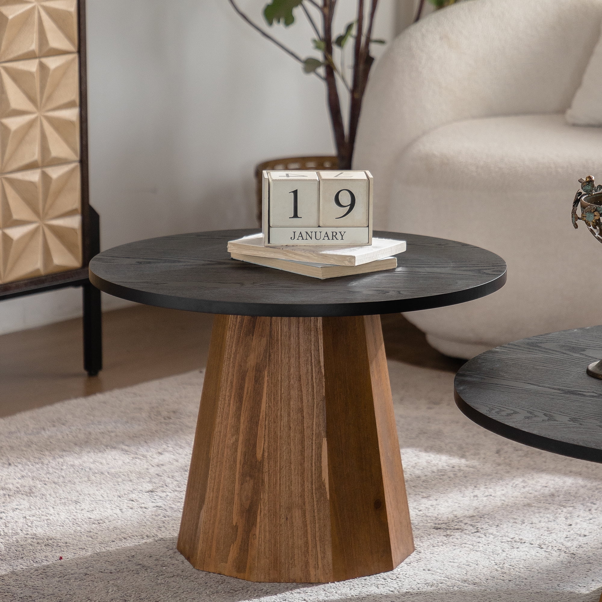 Leumius Round Coffee Table Sturdy Pedestal Wooden Tea Table for Living Room Apartment Easy to Assemble Black 2