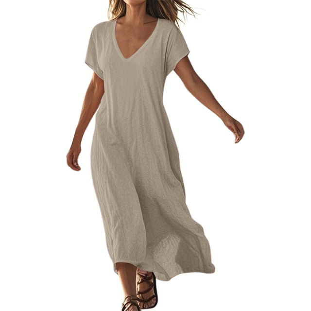 Robe Décontractée en Lin Col en V Manches Courtes Ample pour Femmes, Robe de Jour Confortable Couleur Unie